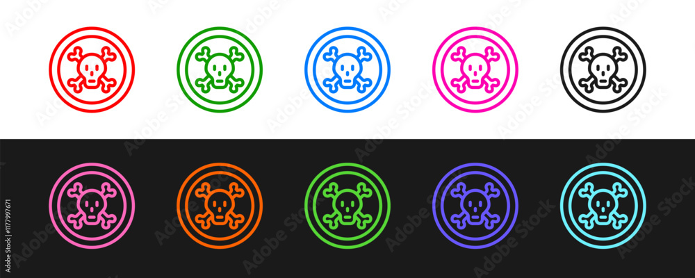 Poster set line bones and skull as a sign of toxicity warning icon isolated on black and white background. 