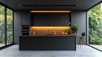 Modern Minimalist Black Kitchen with Nature View