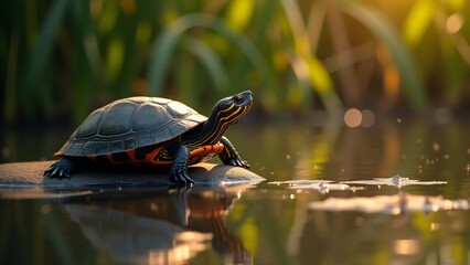 Obraz premium A serene turtle basking under the sun on a rock, enjoying the warmth. This peaceful, reflective moment captures the essence of turtles, perfect for celebrating National Pet Day with a calm, natural to