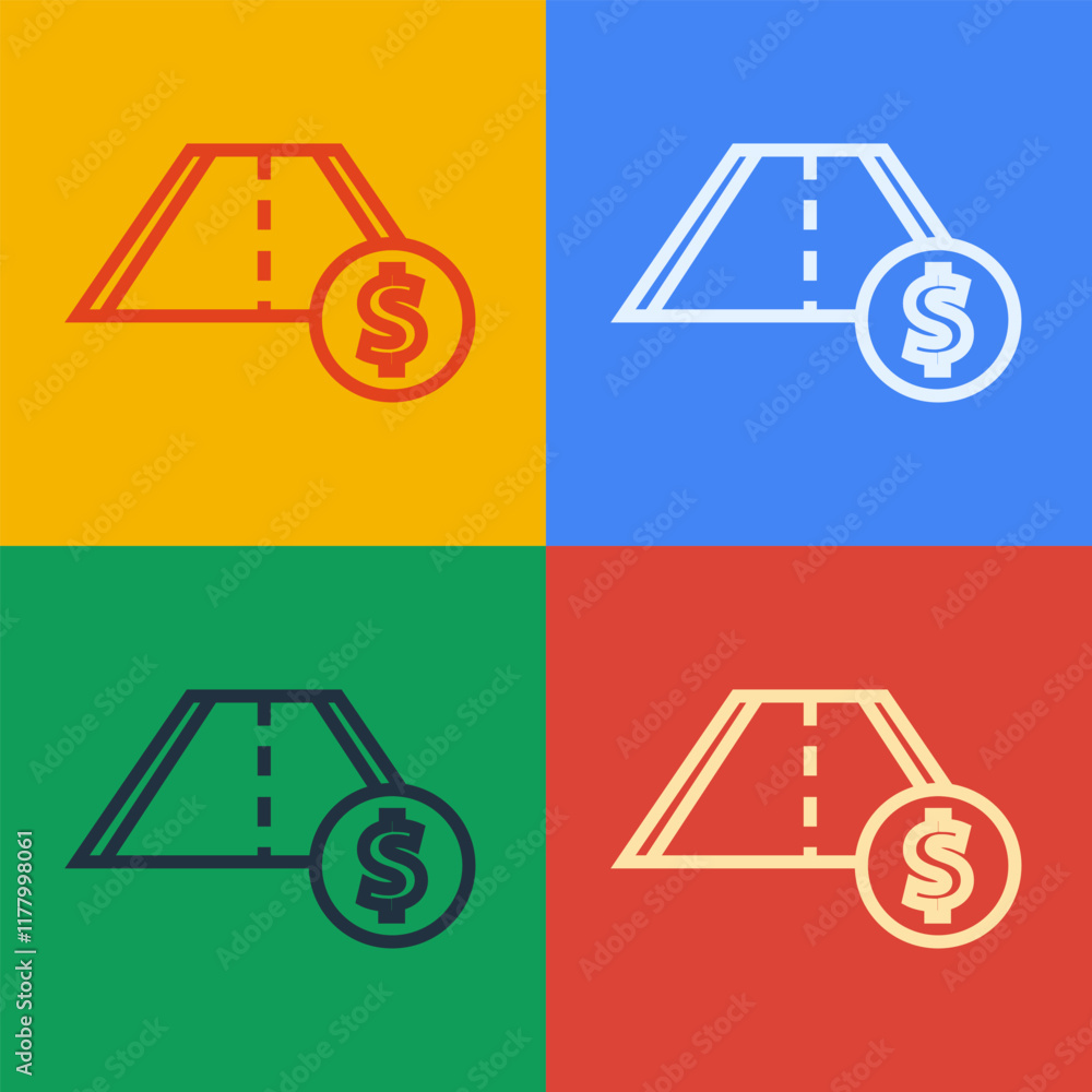 Poster pop art line toll road traffic sign. signpost icon isolated on color background. pointer symbol. str