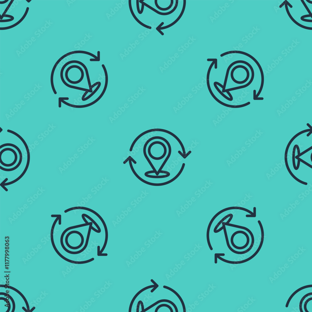 Poster black line map pin icon isolated seamless pattern on green background. navigation, pointer, location