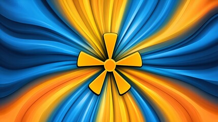 Fototapeta premium Abstract swirling blue and orange background with a vibrant yellow starburst in the center. A dynamic and energetic design.