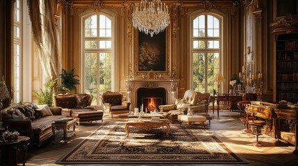 Fototapeta premium Opulent Palace Interior: A Glimpse into Grand Living, bathed in warm sunlight, this luxurious palace interior exudes elegance and sophistication.
