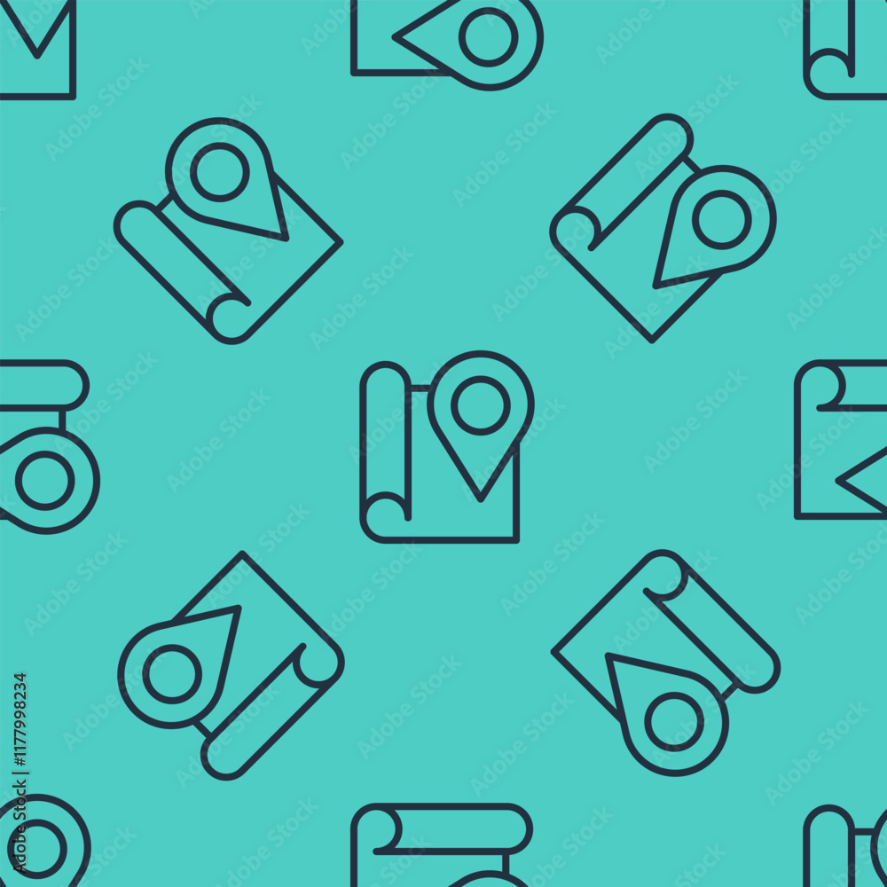 Poster black line folded map with location marker icon isolated seamless pattern on green background. vecto