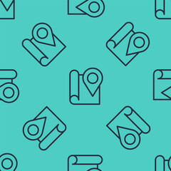 Black line Folded map with location marker icon isolated seamless pattern on green background. Vector