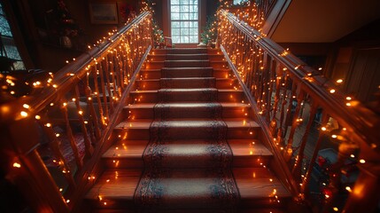 Festive Christmas Lights Adorn Wooden Staircase