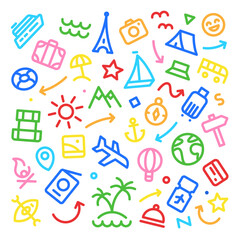 Vector illustration. Road Adventure. Line icons about travelling, tourism, hiking, summertime, vacation, camping