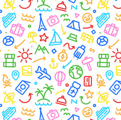 Vector Seamless pattern. Road Adventure. Line icons about travelling, tourism, hiking, summertime, vacation, camping