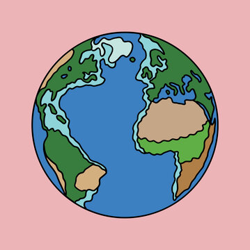 Isolated Earth World Globe with Topographic Coloring on Pink background. Realistic Flat Hand-drawn Planet Icon with Continents, North and South America, Europe and Africa