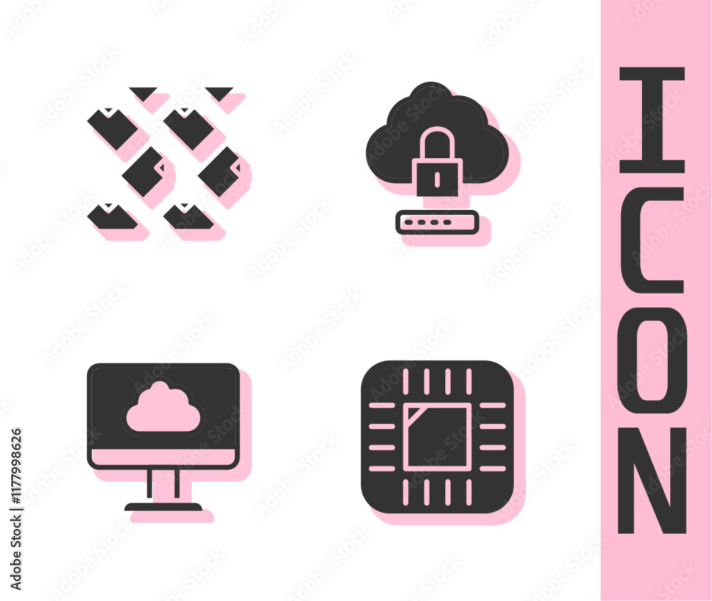 Aufkleber Set Processor with CPU, Data stream, Cloud technology data transfer and computing lock icon. Vector