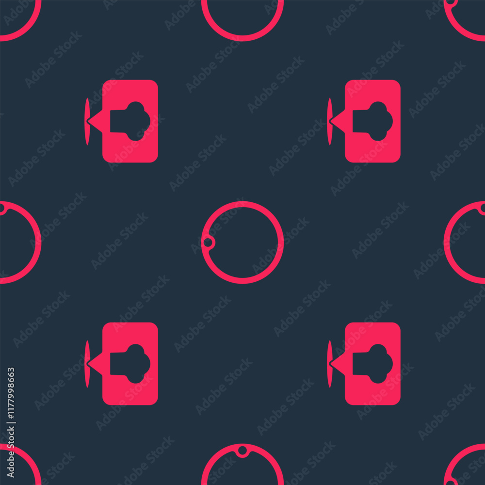 Poster set chef hat with location and cutting board on seamless pattern. vector