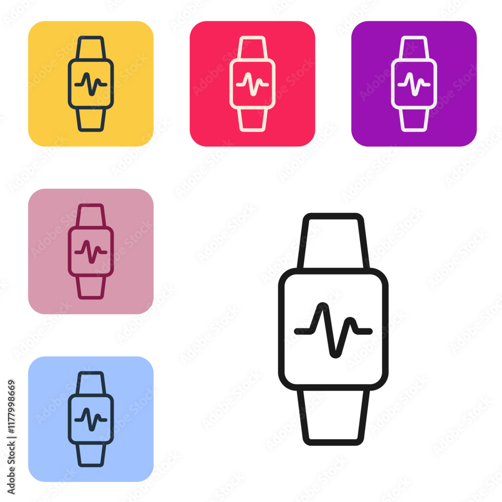 Poster black line smart watch showing heart beat rate icon isolated on white background. fitness app concep