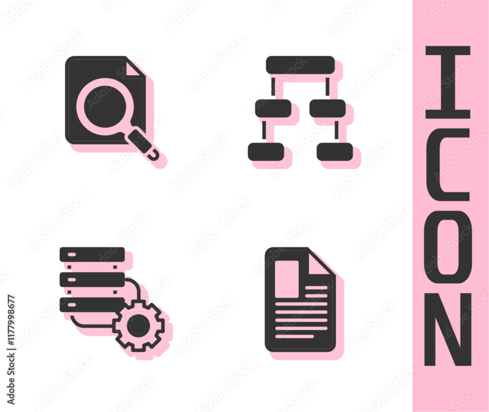 Poster set file document, search concept with folder, server and gear and hierarchy organogram chart icon. 