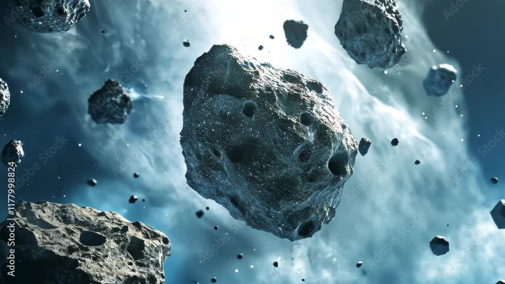 Poster mining operations in an asteroid belt showcase advanced technology and resource extraction methods, 