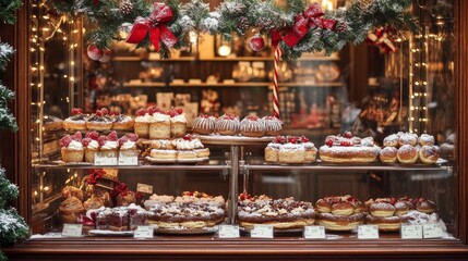Christmas game shop frame with sweets on wooden shelves. Vector cartoon illustration of holiday store selling delicious donuts, cakes, desserts. Window decorated with garlands, gift boxes and snow