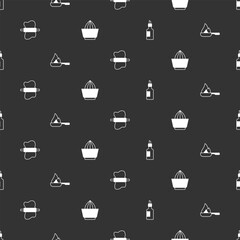 Set Bottle of olive oil, Frying pan, Rolling pin on dough and Citrus fruit juicer on seamless pattern. Vector