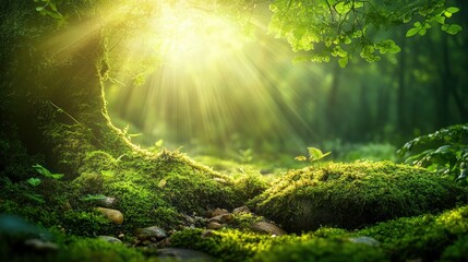 Fototapeta premium Enchanted Forest Sunlight: Mossy Undergrowth, Sunbeams, and Lush Greenery