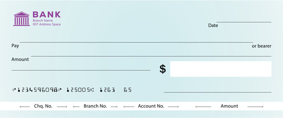 Bank check, vector blank money cheque, checkbook template with guilloche pattern and fields. Currency payment coupon, money check background, Blue Bank Cheque