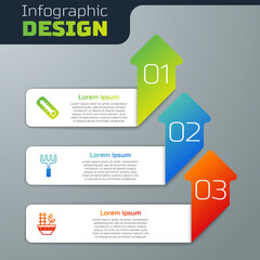 Set Meteorology thermometer, Garden rake and Plant in pot. Business infographic template. Vector