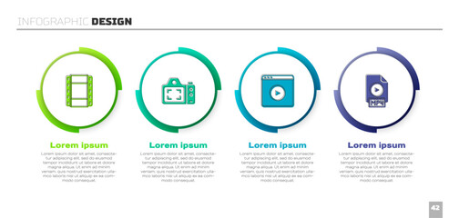 Set Play Video, Photo camera, Online play video and MP4 file document. Business infographic template. Vector