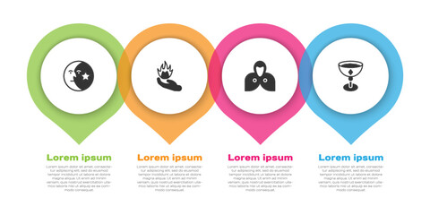 Set Moon and stars, Hand holding fire, Mantle, cloak, cape and Medieval goblet. Business infographic template. Vector