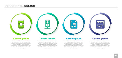 Set Beer can, Stereo speaker, MP3 file document and Drum machine. Business infographic template. Vector