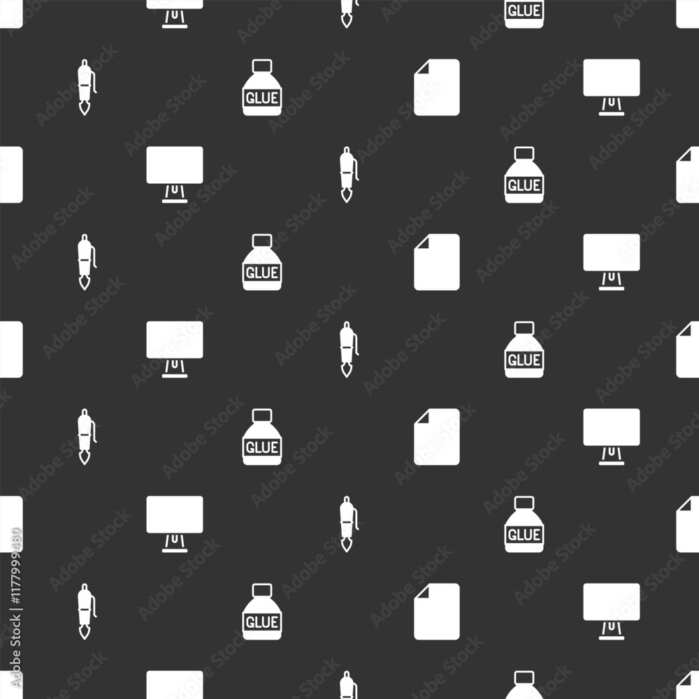 Poster set file document, computer monitor, fountain pen nib and glue on seamless pattern. vector