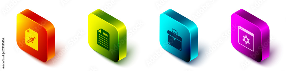 Poster set isometric note paper with push button, file document, briefcase and browser setting icon. vector