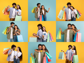 Two couples are happily engaged in shopping activities, showcasing colorful bags while celebrating special offers. The vibrant backgrounds enhance their joyful experience during the sale.