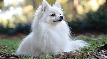 Fototapeta premium Serene White Pomeranian in Autumn Park