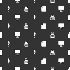 Set File document, Computer monitor, Fountain pen nib and Glue on seamless pattern. Vector