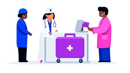 Diverse medical team at a clinic reception, one person checking in.
