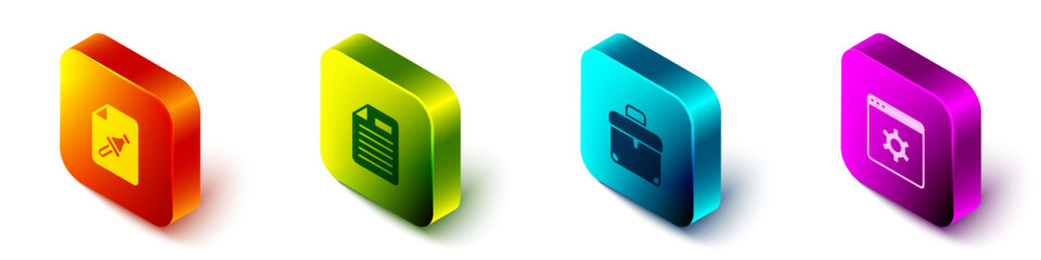 Set Isometric Note paper with push button, File document, Briefcase and Browser setting icon. Vector