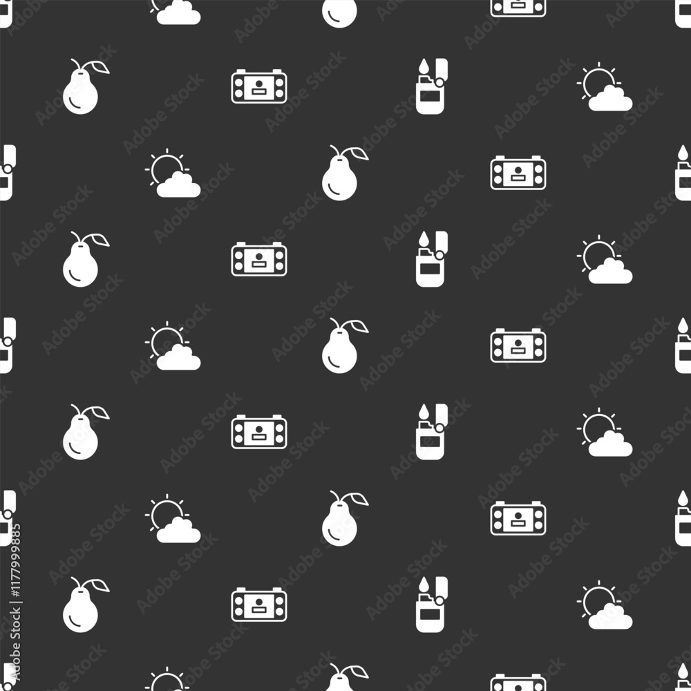 Poster set lighter, sun and cloud weather, pear and portable video game console on seamless pattern. vector