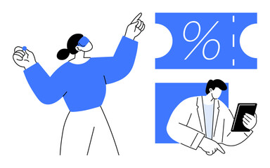 Two people, one pointing and one with a tablet, discussing a large percentage discount. Ideal for teamwork, collaboration, promotions, business strategy, marketing campaigns, planning communication