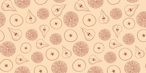 Citrus, food pattern. Orange, apple, pear, lemon. Fruit slices. Hand drawn line icons. Repeating doodle background.