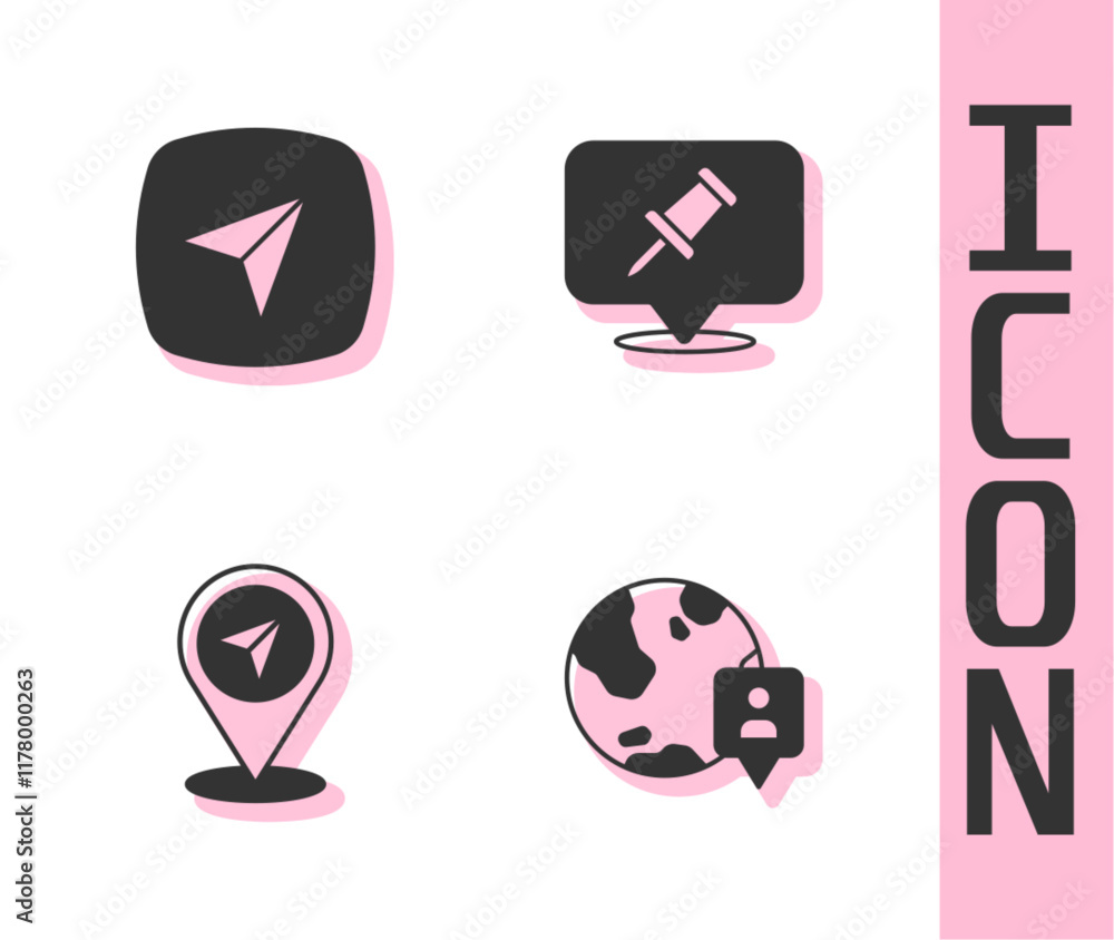 Poster set location on the globe, city map navigation, map pin and push icon. vector