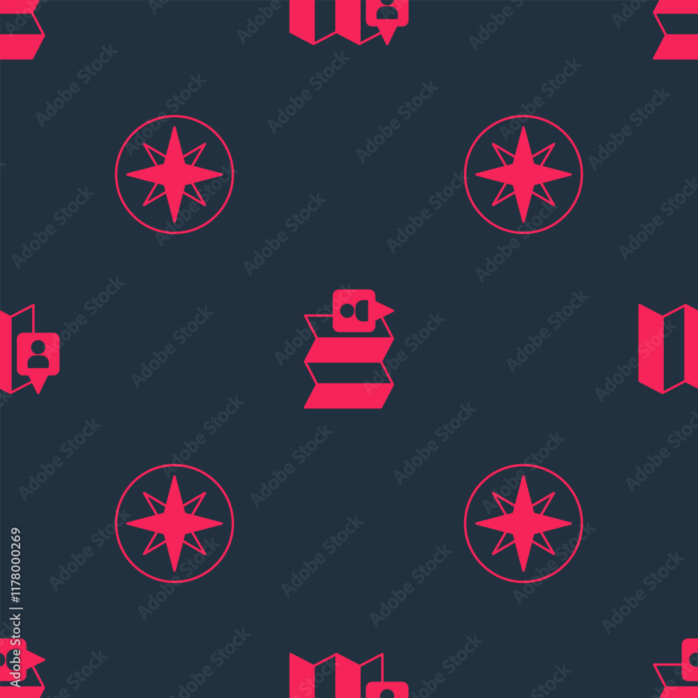 Poster set wind rose and folded map with location marker on seamless pattern. vector