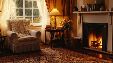 Cozy living room interior with flame in fireplace, armchair and lamp, carpet on floor and window with curtain, tea table and books in cabinet, flower in pot and candles. Cartoon vector home inside.