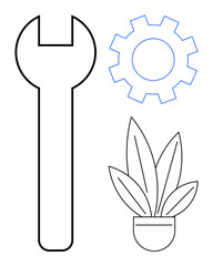 Wrench, gear, potted plant in minimalist outline style. Ideal for themes in DIY, technology, sustainability, repair, nature engineering maintenance. Versatile abstract line flat metaphor