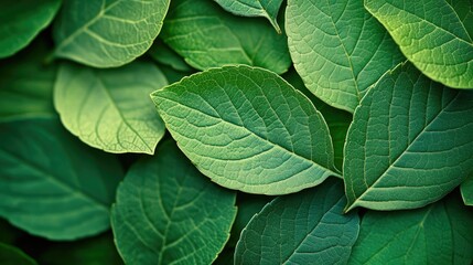 Fototapeta premium Vivid Green Leaves: A Close-Up of Nature's Beauty. The intricate veins and textures of each leaf create a captivating display of natural artistry.
