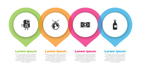 Set Retro cinema camera, Locket on necklace, Classic carpet and Bottle of wine. Business infographic template. Vector