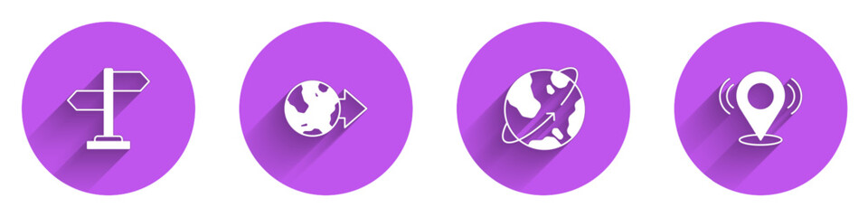 Set Road traffic sign, Location on the globe, Satellites orbiting Earth and Map pin icon with long shadow. Vector