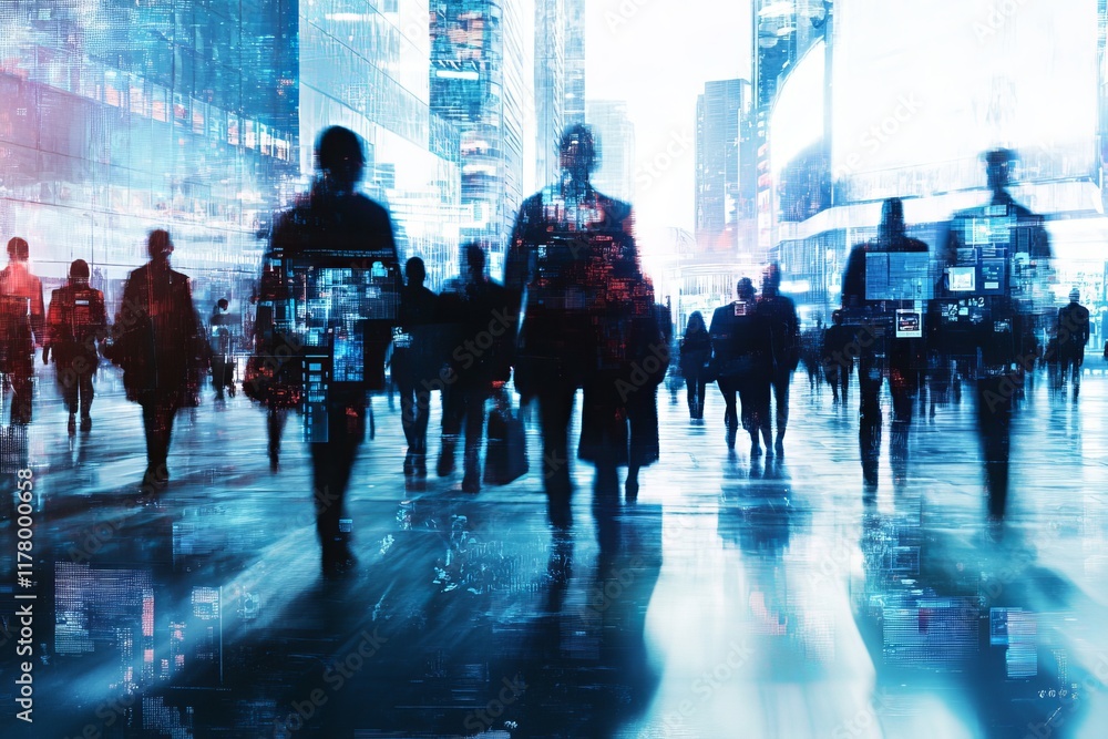 Poster ai facial recognition and big data analysis enhance security for business people in crowded areas