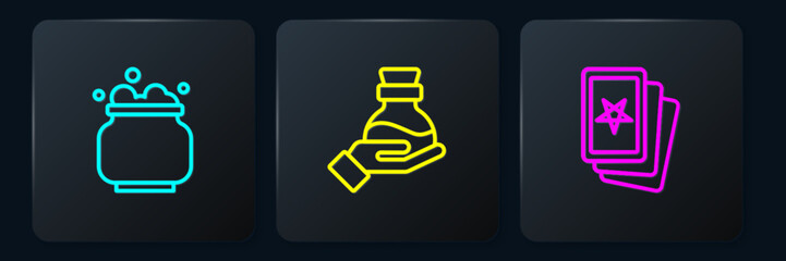 Set line Witch cauldron, Three tarot cards and Bottle with potion. Black square button. Vector
