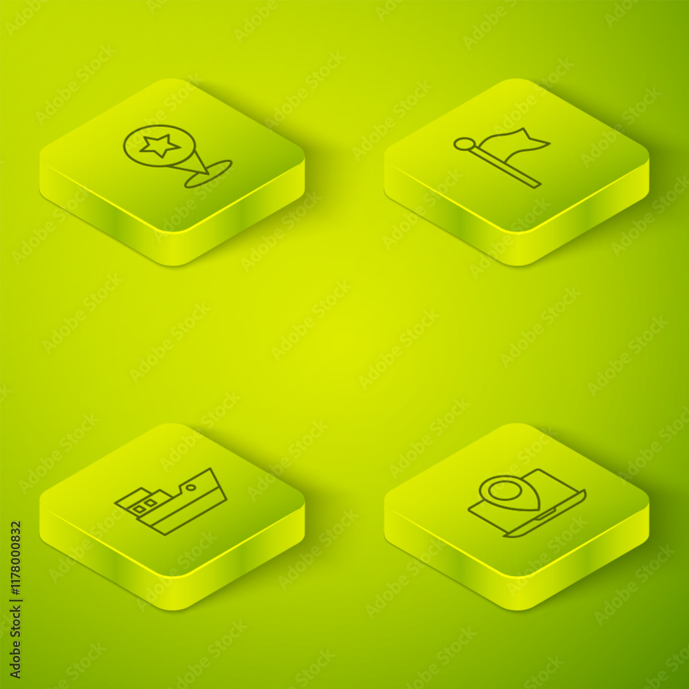 Poster set isometric line location marker, ship line path, laptop with location and map pointer star icon. 