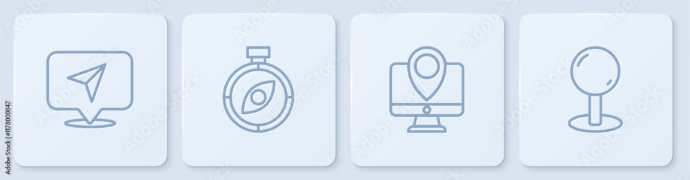 Poster set line infographic of city map navigation, monitor with location marker, compass and push pin. whi