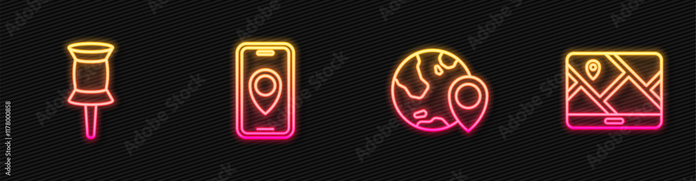 Poster set line location on the globe, push pin, city map navigation and . glowing neon icon. vector