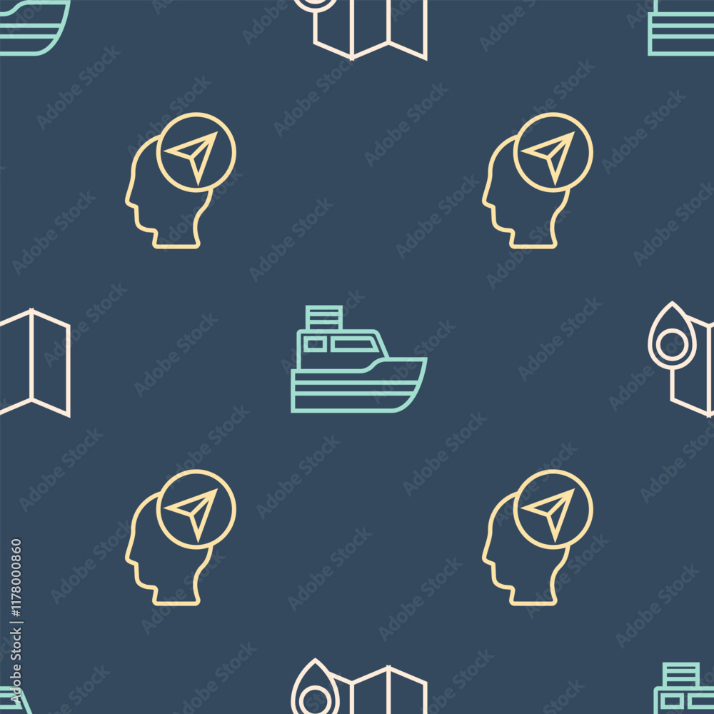 Poster set line folded map with location marker, location person and ship line path on seamless pattern. ve