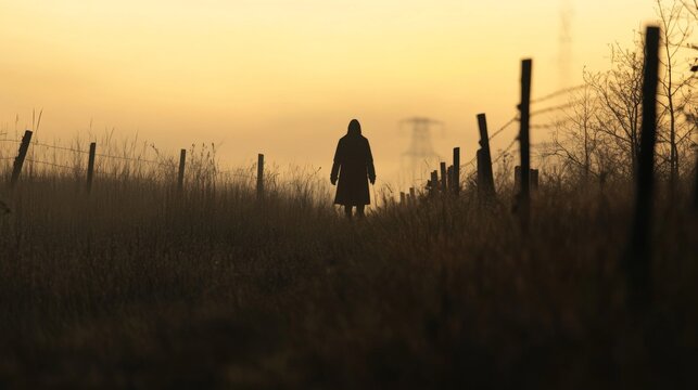 Solitary figure walking through a misty field at sunrise.